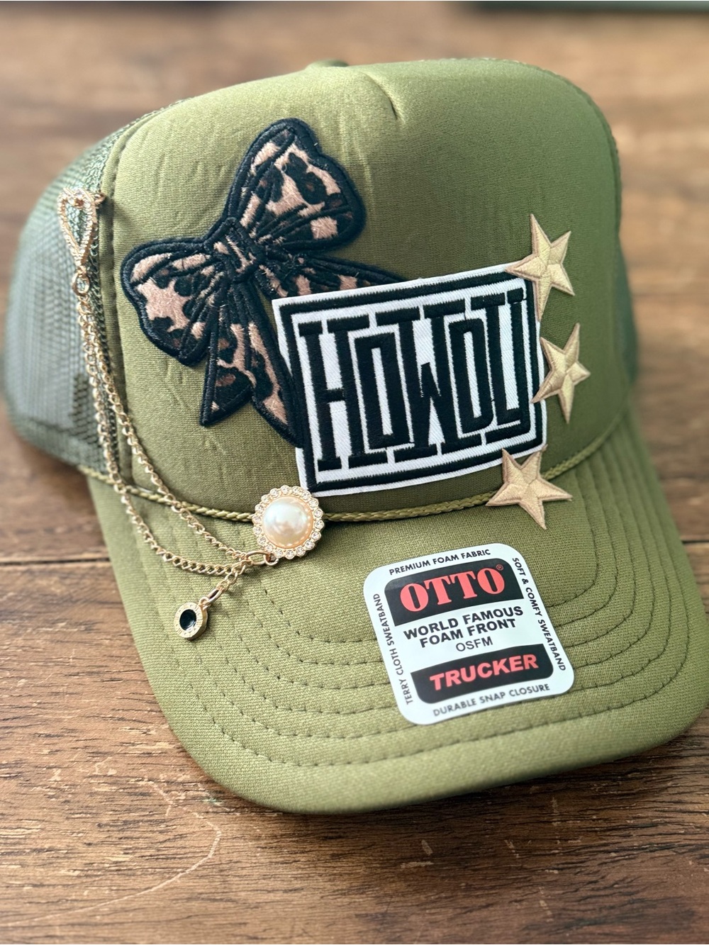 OTTO Olive Green Trucker Hat with HOWDY Patch & Leopard Bow